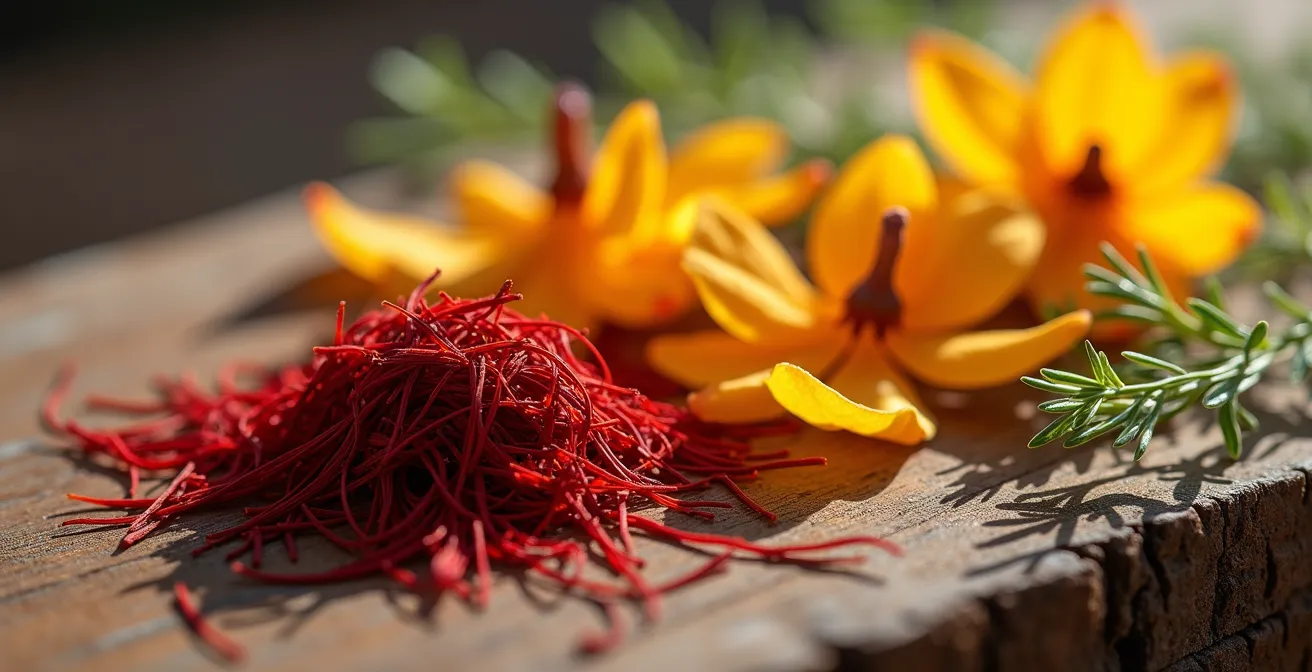 Composition d'aromates délicats de la cuisine provençale avec safran, fleur d'oranger et herbes fraîches