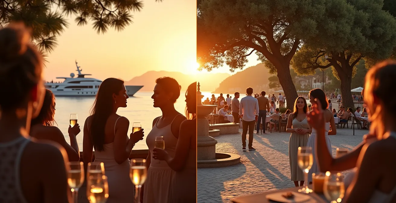 Contraste entre une terrasse animée de la Côte d'Azur et une place de village provençale avec partie de pétanque
