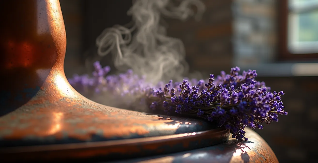 Gros plan sur un alambic traditionnel en cuivre distillant de la lavande avec vapeur visible