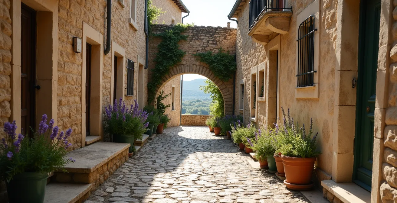 Ruelle étroite en calade d'un village perché provençal avec jeu d'ombres et de lumières sur les pierres anciennes