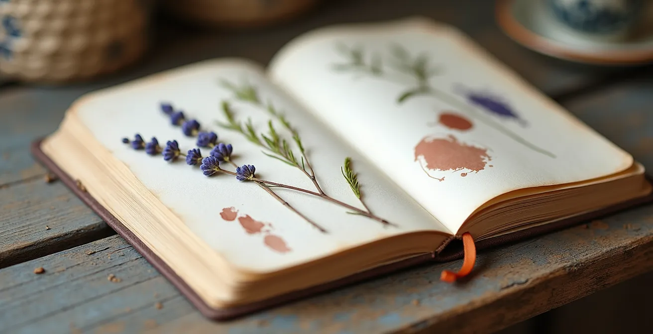 Gros plan sur des pages manuscrites d'un carnet de voyage avec des échantillons naturels collés