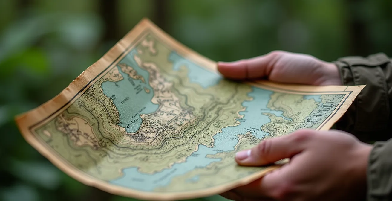 Gros plan sur une main tenant une carte IGN TOP25 avec des annotations manuscrites marquant des sources et ruines secrètes