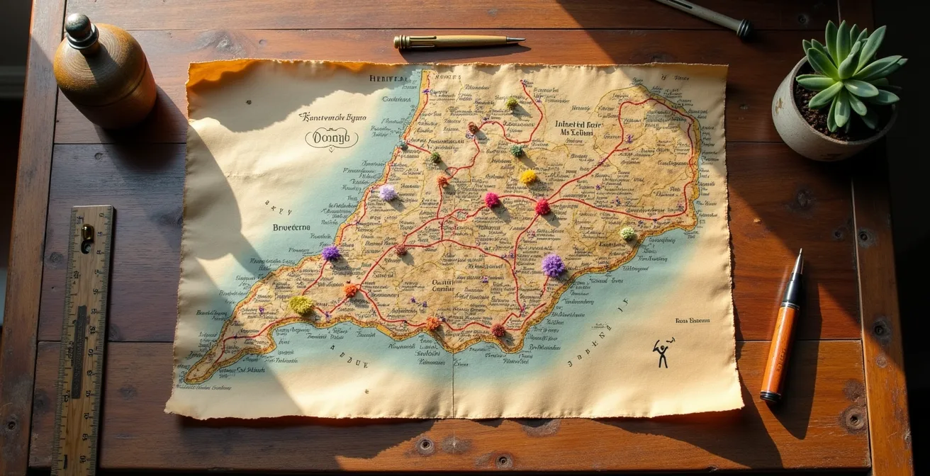 Carte artisanale de Provence avec des fils colorés reliant différents points d'intérêt thématiques