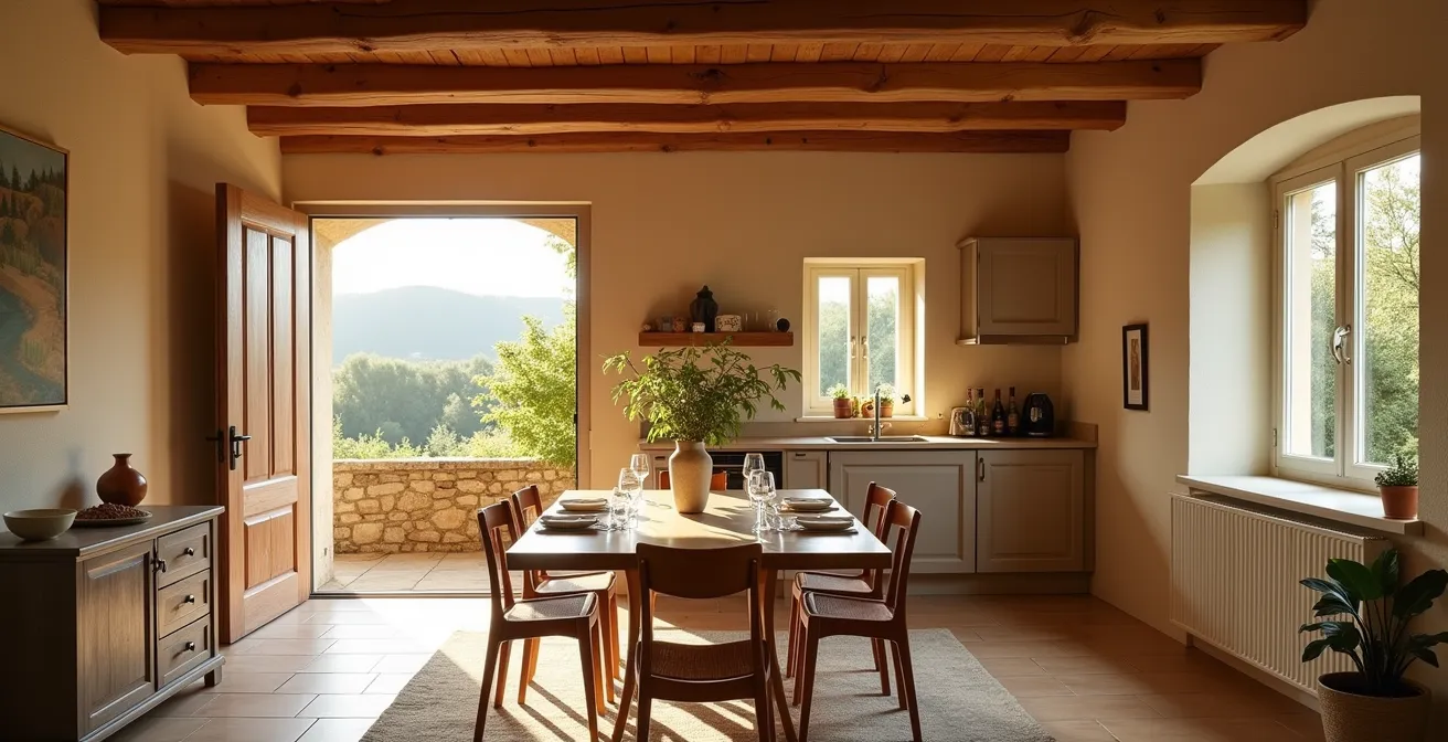Vue partagée montrant d'un côté une table familiale conviviale et de l'autre un espace cuisine indépendant
