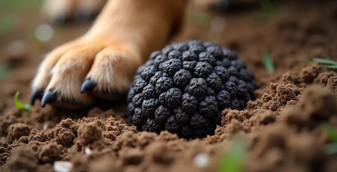 Chien Lagotto Romagnolo creusant délicatement le sol calcaire pour révéler une truffe noire