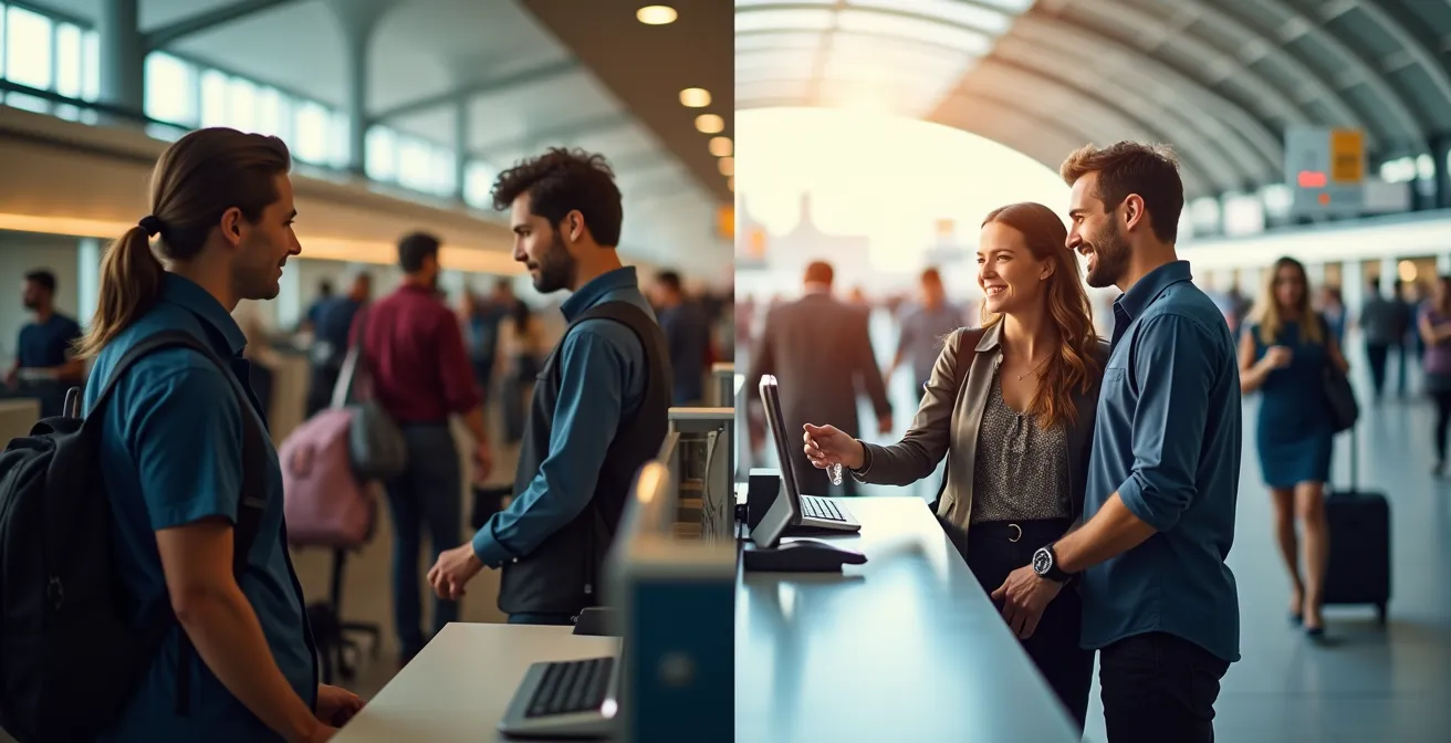 Vue comparative des comptoirs de location en gare et aéroport avec voyageurs