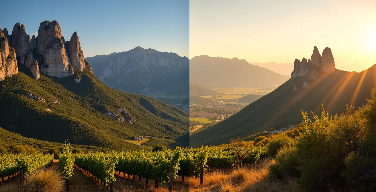 Vue aérienne comparative des Dentelles de Montmirail et des Pénitents des Mées