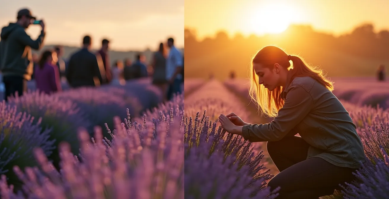Diptyque montrant deux approches différentes de la visite des champs de lavande en Provence