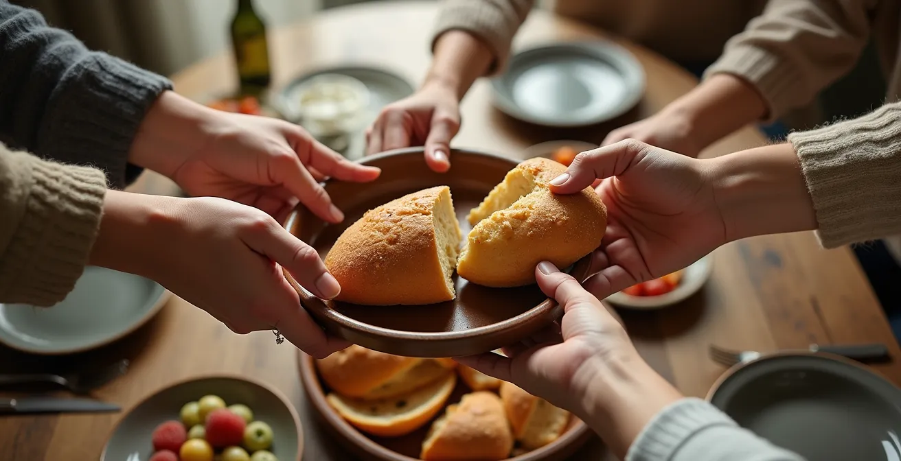 Mains passant des plats autour d'une table d'hôtes dans une atmosphère conviviale