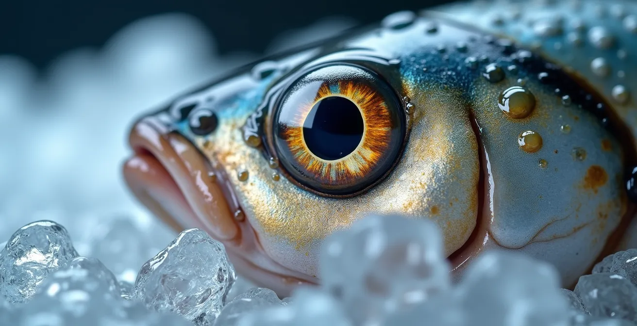 Gros plan sur l'œil brillant et bombé d'un poisson fraîchement pêché sur un étal de marché