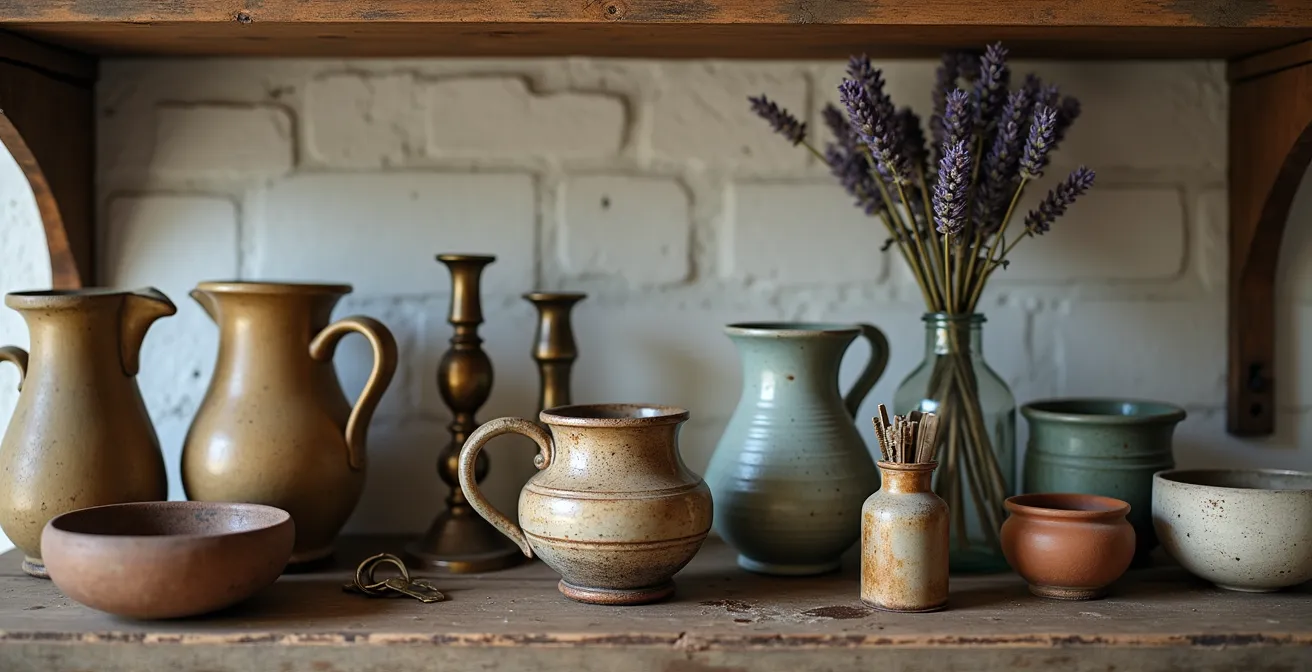 Gros plan sur une étagère rustique avec objets chinés et vaisselle ancienne