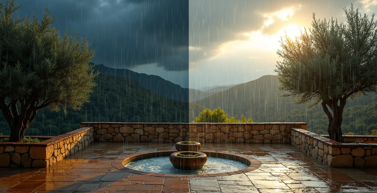 Paysage provençal sous un épisode méditerranéen avec contraste dramatique entre ciel d'orage et végétation