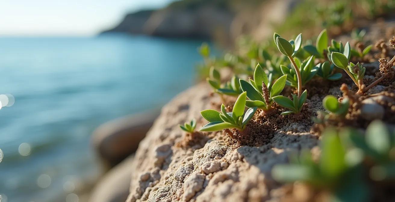 Vue macro de la végétation fragile en bordure d'un sentier côtier érodé