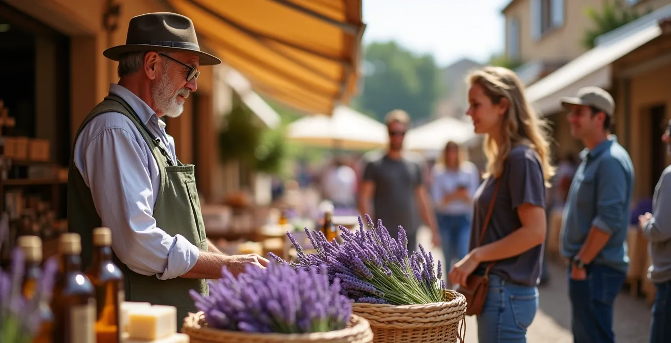 Marché traditionnel de producteurs de lavande avec stands colorés et visiteurs