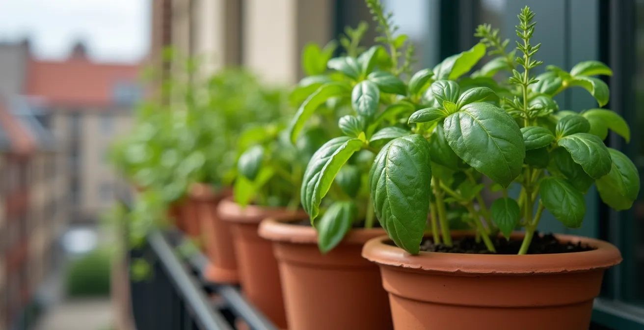Balcon citadin avec jardinières d'herbes aromatiques, vue floue sur les toits parisiens en arrière-plan