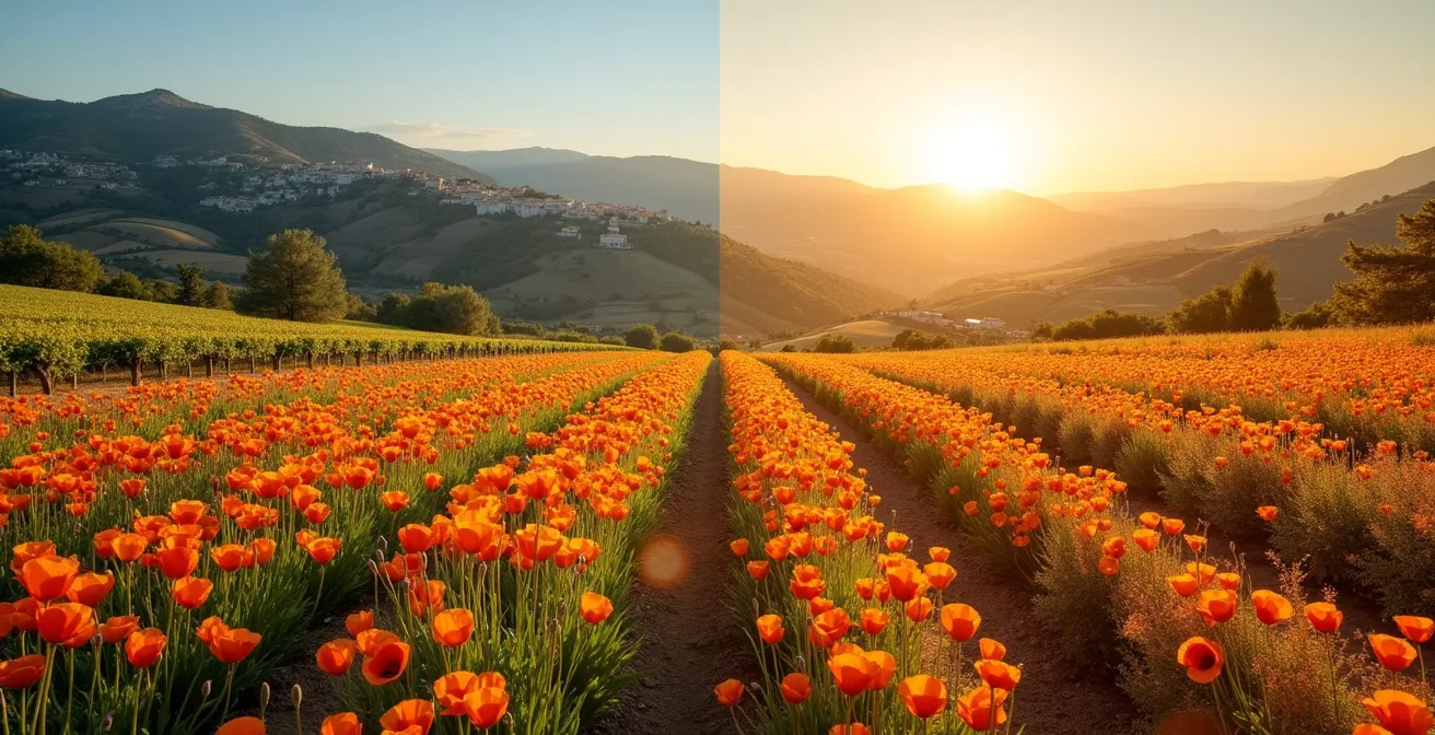 Diptyque photographique montrant le même paysage provençal au printemps avec coquelicots et en automne avec vignes dorées