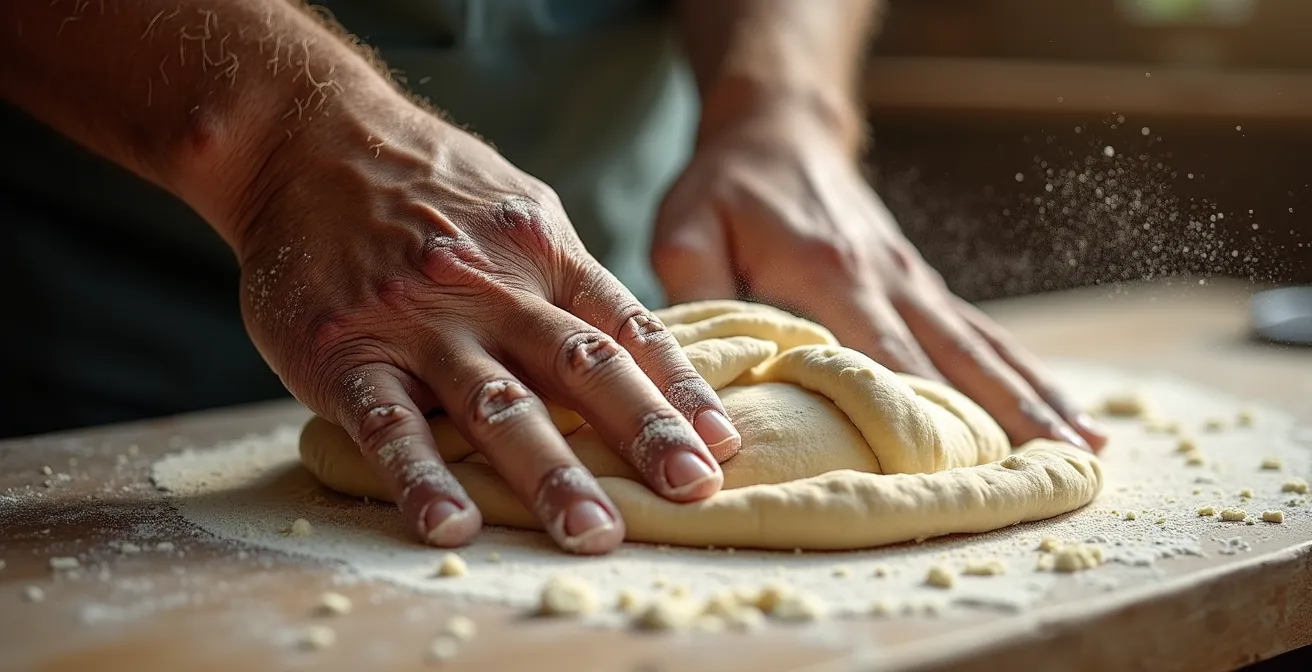 Gros plan sur les mains d'un artisan pétrissant une pâte à fougasse sur un plan de travail en bois fariné