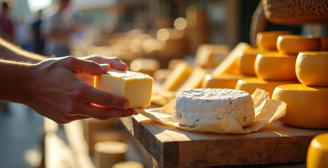 Gros plan sur l'échange entre les mains d'un fromager et d'un client autour d'un fromage de chèvre frais sur un étal de marché provençal