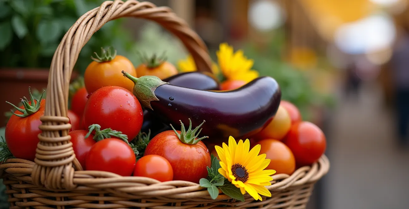 Étals colorés d'un marché provençal avec légumes frais et produits locaux