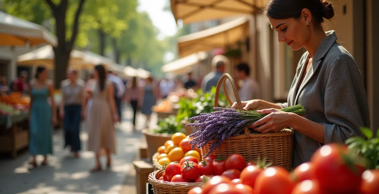 Marché provençal de Saint-Rémy avec ses étals colorés sous les platanes