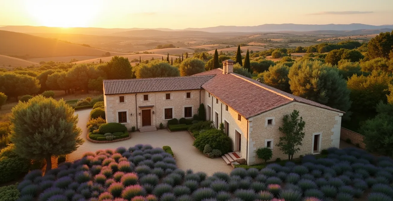 Vue aérienne oblique d'un mas provençal traditionnel montrant son orientation caractéristique