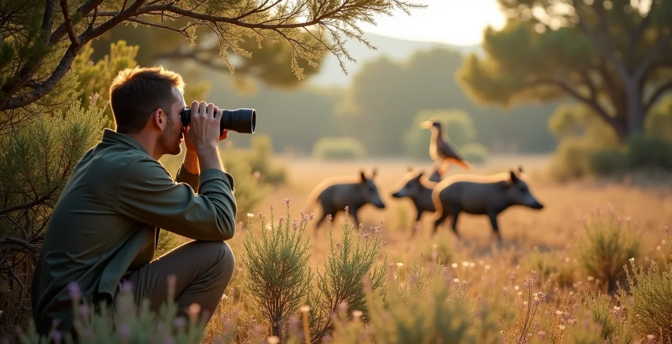Observateur naturaliste en position d'affût observant discrètement la faune dans la garrigue provençale
