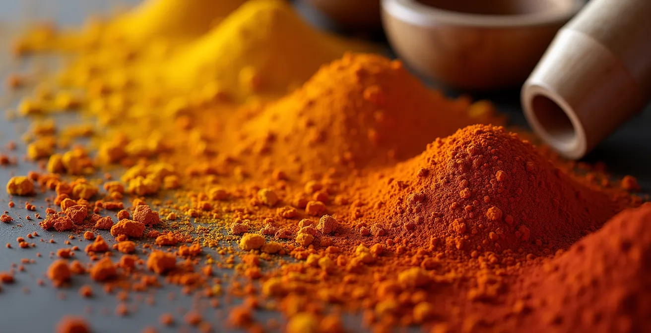 Détail macro de pigments ocre avec outils d'extraction traditionnels