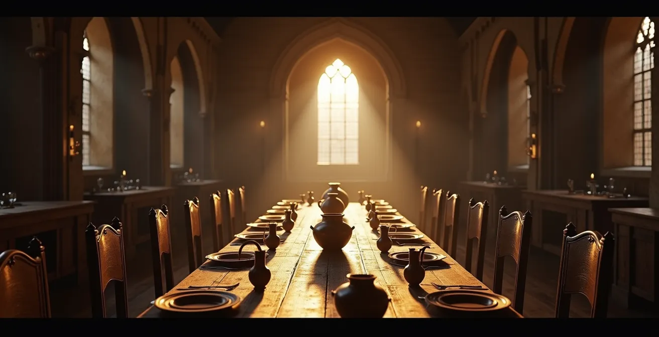 Intérieur majestueux du Palais des Papes d'Avignon avec table dressée pour un banquet médiéval