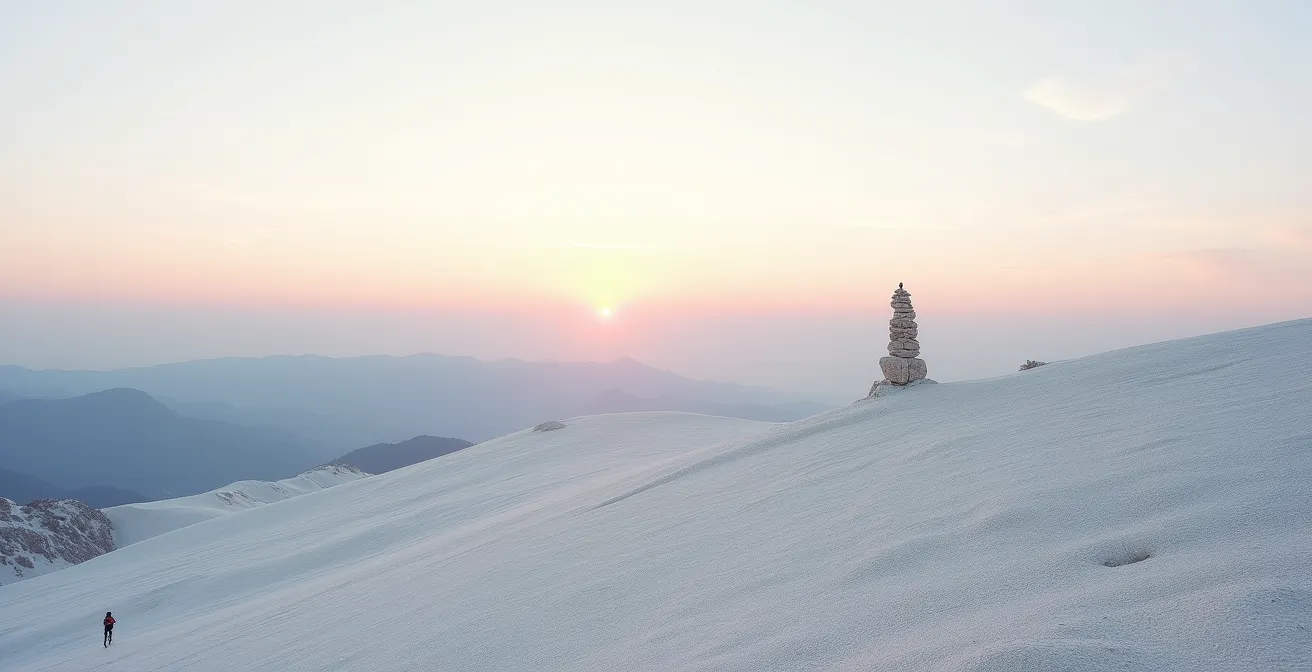 Vue aérienne minimaliste du sommet du Mont Ventoux avec une silhouette humaine minuscule face à l'immensité