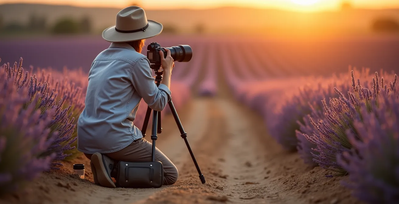 Photographe respectueux utilisant un téléobjectif depuis le bord d'un champ de lavande sans y pénétrer