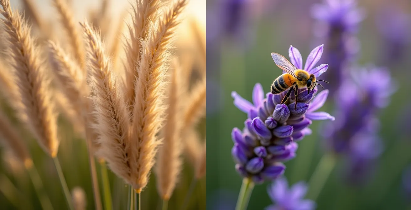 Comparaison visuelle entre plantes invasives et alternatives locales dans un jardin provençal