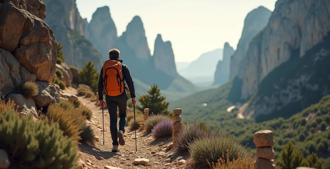 Randonneur sur sentier escarpé des Dentelles de Montmirail avec vue panoramique