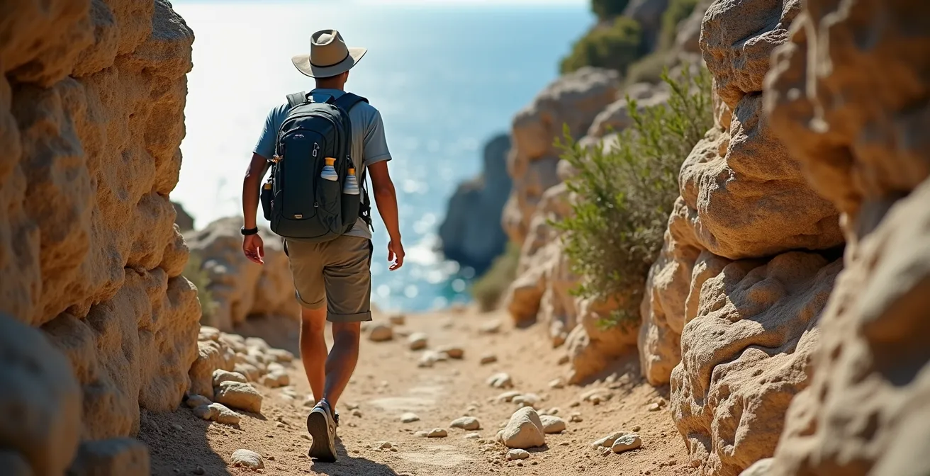Randonneur équipé sur un sentier escarpé des Calanques avec vue sur la mer