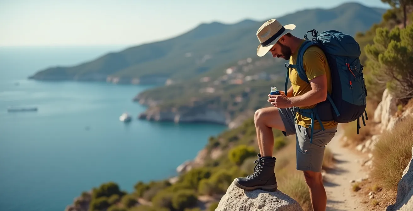 Randonneur équipé sur sentier rocheux du littoral provençal avec vue sur les falaises