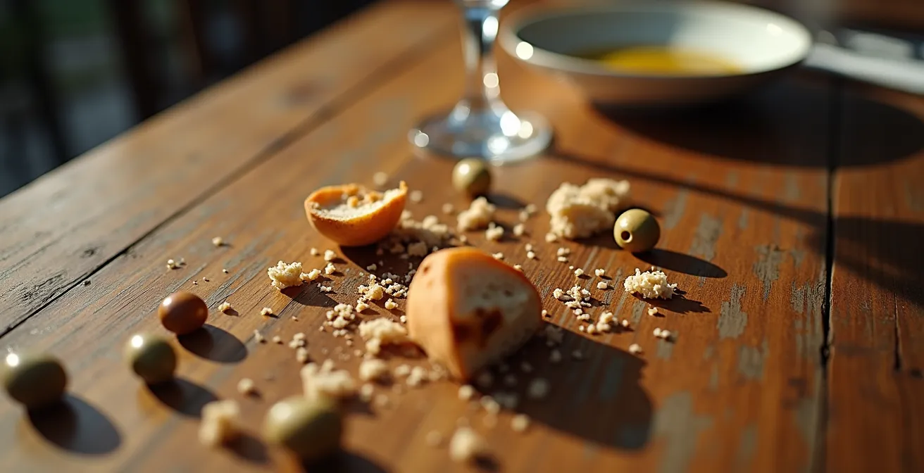 Repas provençal au crépuscule avec convives attablés sous les platanes