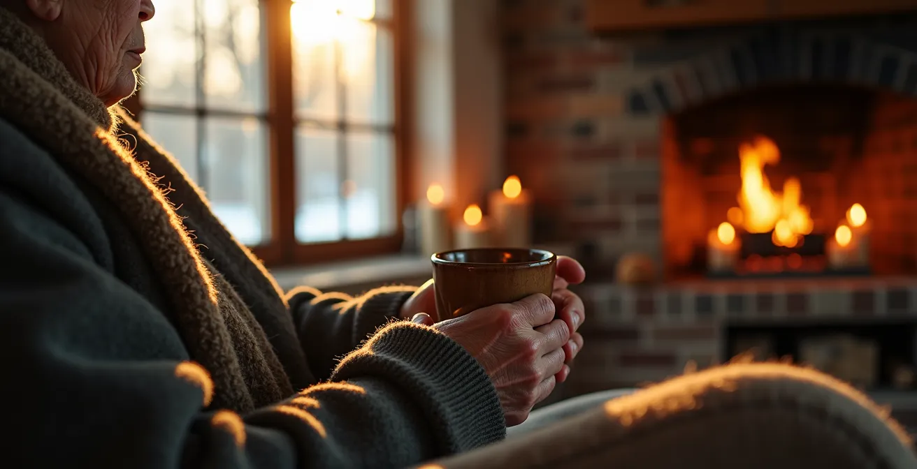 Intérieur chaleureux avec lumière d'hiver traversant une fenêtre, bougies et plaid sur un fauteuil ancien
