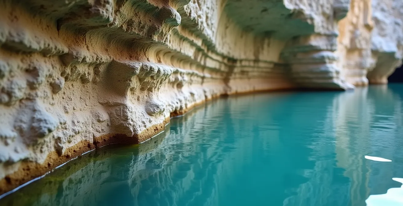 Détail macro de la roche calcaire turquoise des Gorges du Verdon