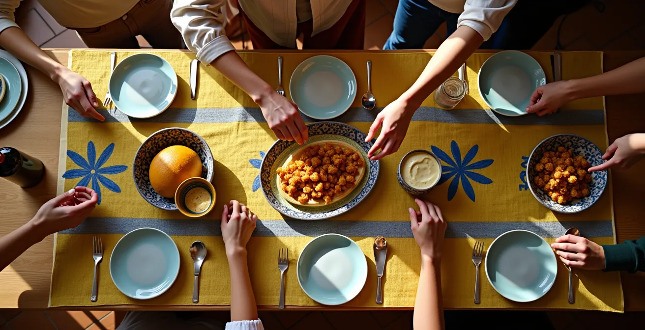 Vue plongeante sur une grande table provençale dressée avec nappe colorée et plats traditionnels partagés