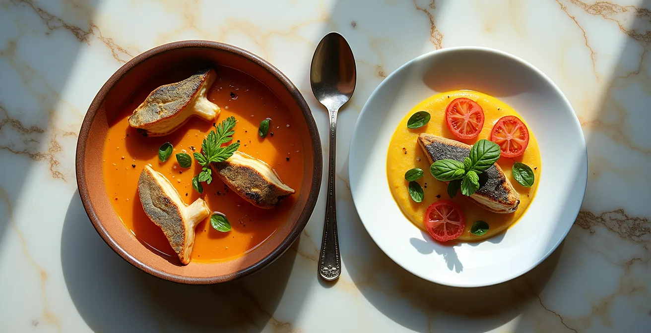 Comparaison visuelle entre bouillabaisse traditionnelle et sa réinterprétation moderne