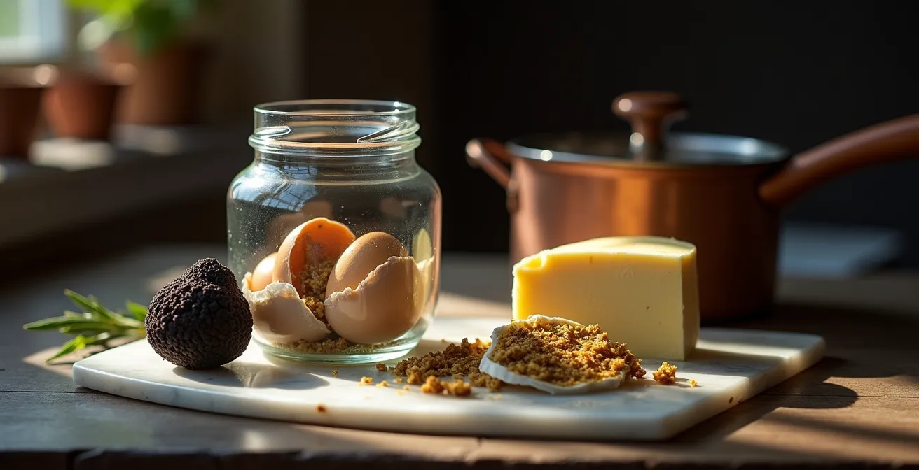 Composition culinaire minimaliste avec truffe fraîche râpée sur œufs et beurre