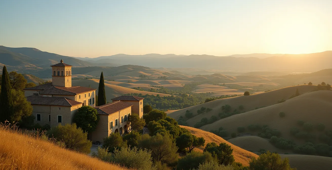 Vue aérienne large d'un village de plaine du Luberon entouré de champs cultivés