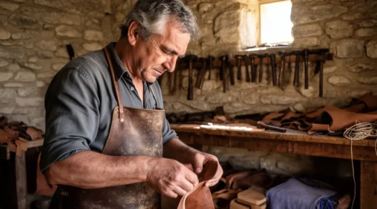 Artisan provençal travaillant dans son atelier familial aux murs de pierre