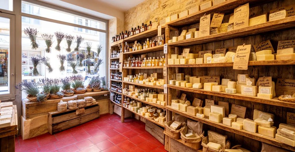 Intérieur d'une boutique artisanale provençale avec produits locaux sur étagères en bois