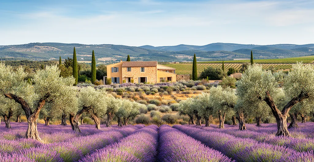 Paysage provençal avec oliveraie et mas familial en pierre