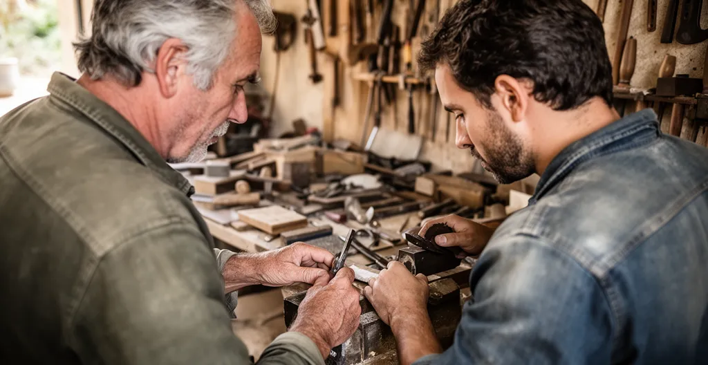 Deux générations d'artisans provençaux travaillant ensemble dans un atelier familial